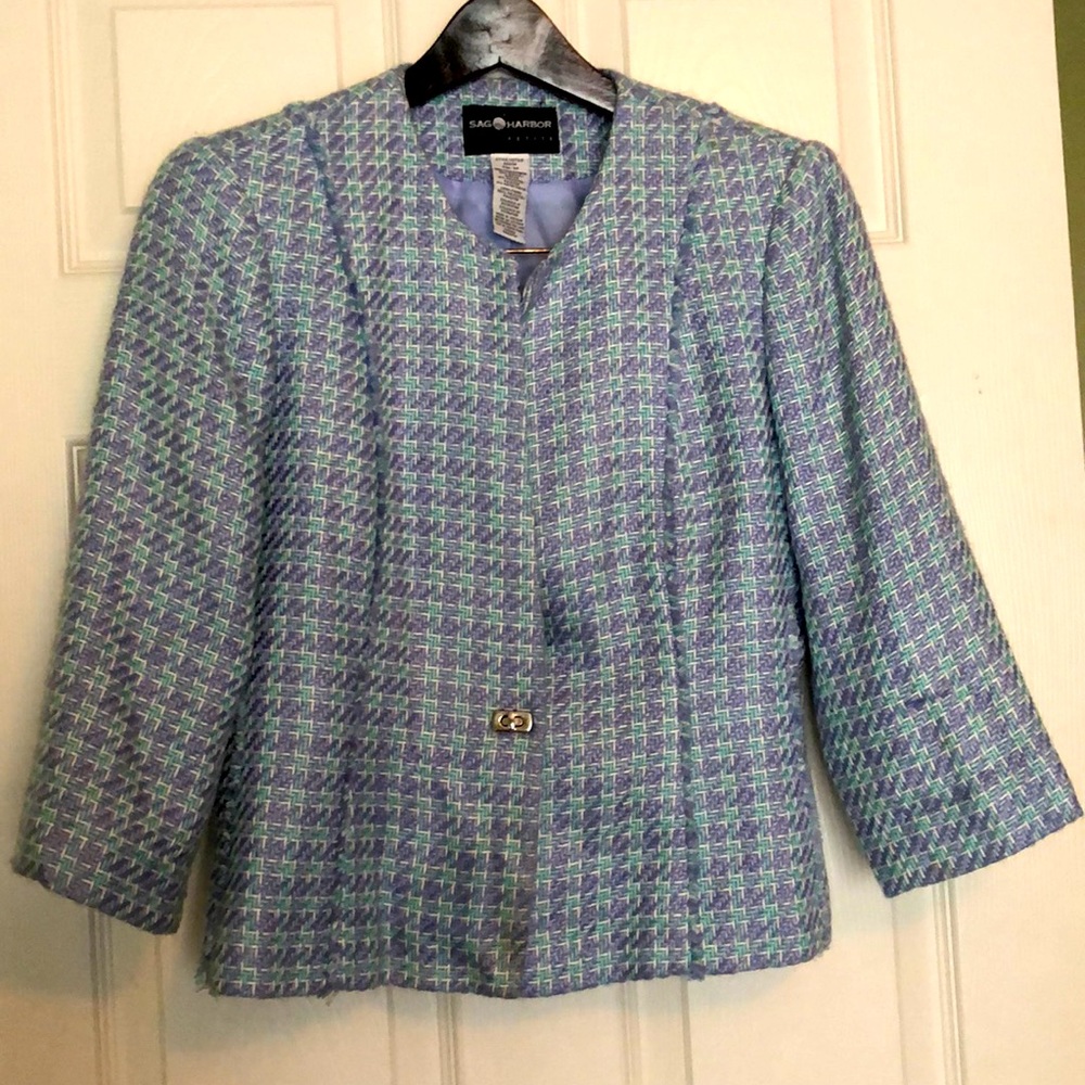 Tweed Blazer/Jacket Sag Harbor 4P blue & teal color woven pattern with fringe
